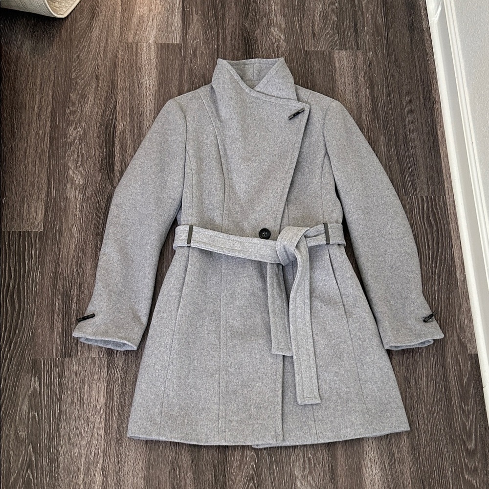 Calvin Klein Gray Convertible Funnel Collar Trench Coat with Belt